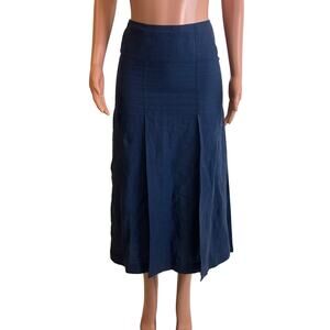 Three Graces London Pleated Midi Skirt Womens 8 / S US Navy Linen Slits A-Line